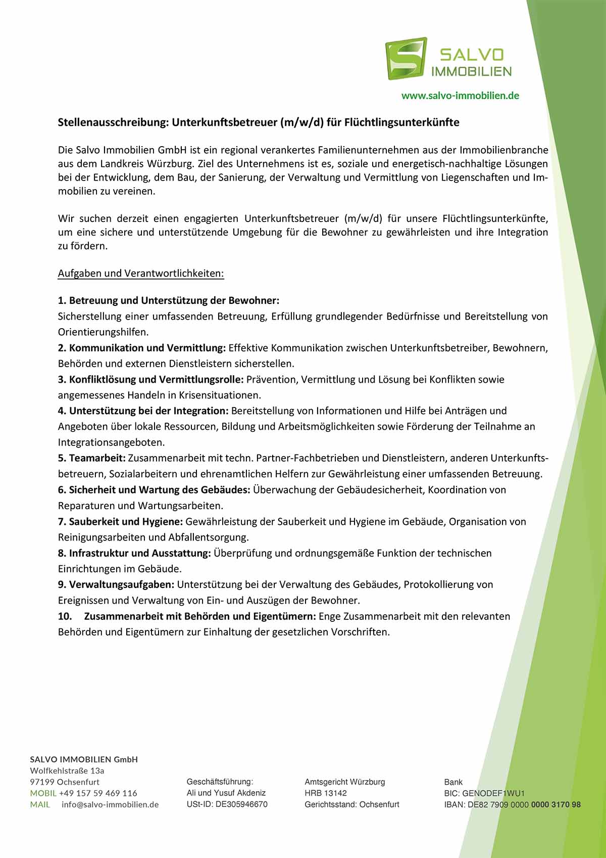 Stellenbeschreibung Unterkunftsbetreuung